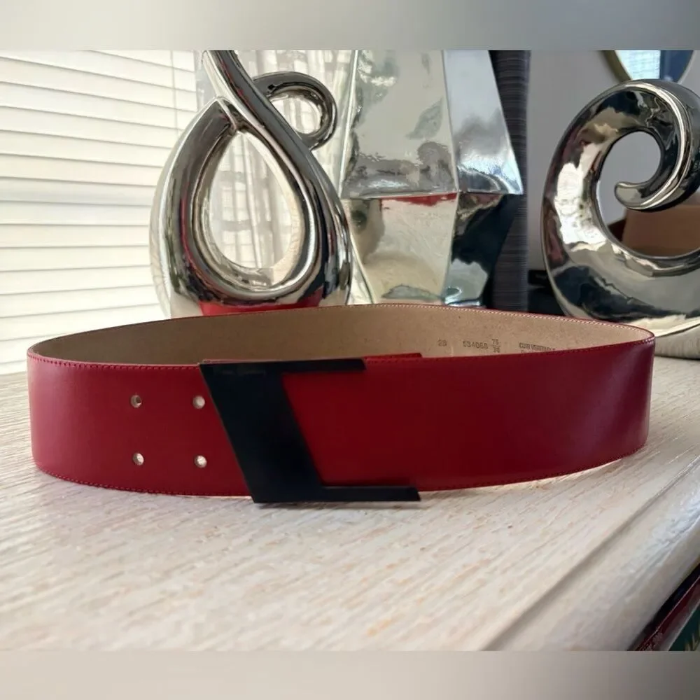 VTG Pierre Cardin Red Leather Metal Buckle Wide Belt Size 75
